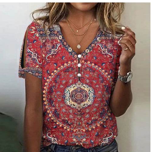 Flower Series 3D Printed V-neck Button T-shirt Top - MYLUXURY LANE ENTERPRISE