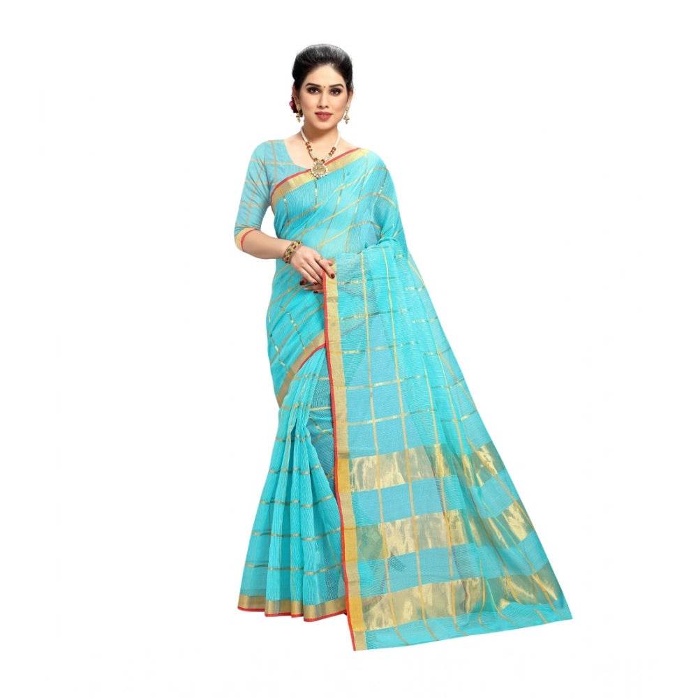 Generic Women's Kota Doria Cotton Saree With Blouse (Sky Blue,6-3 Mtrs) - MYLUXURY LANE ENTERPRISE