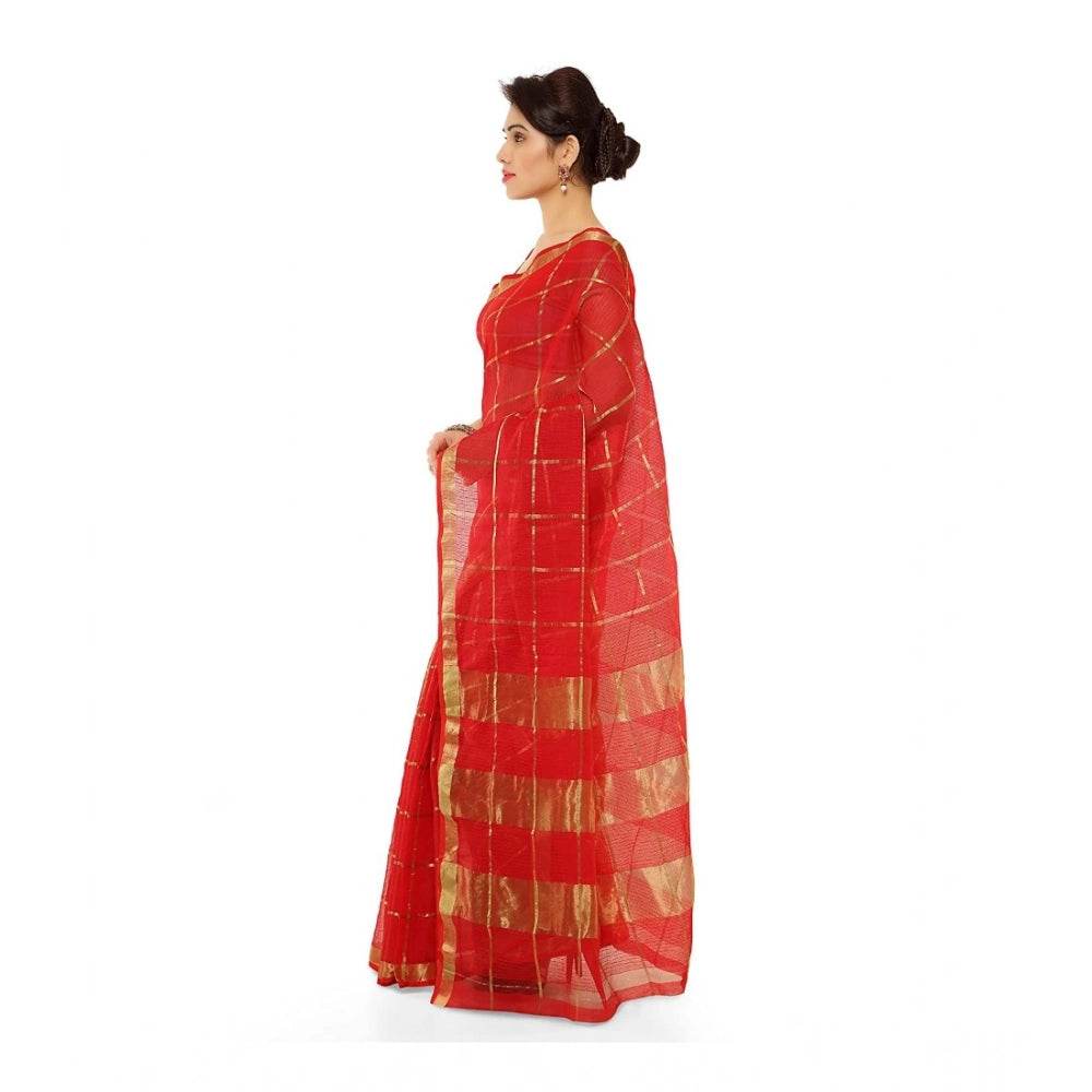 Generic Women's Kota Doria Cotton Saree With Blouse (Red,6-3 Mtrs) - MYLUXURY LANE ENTERPRISE