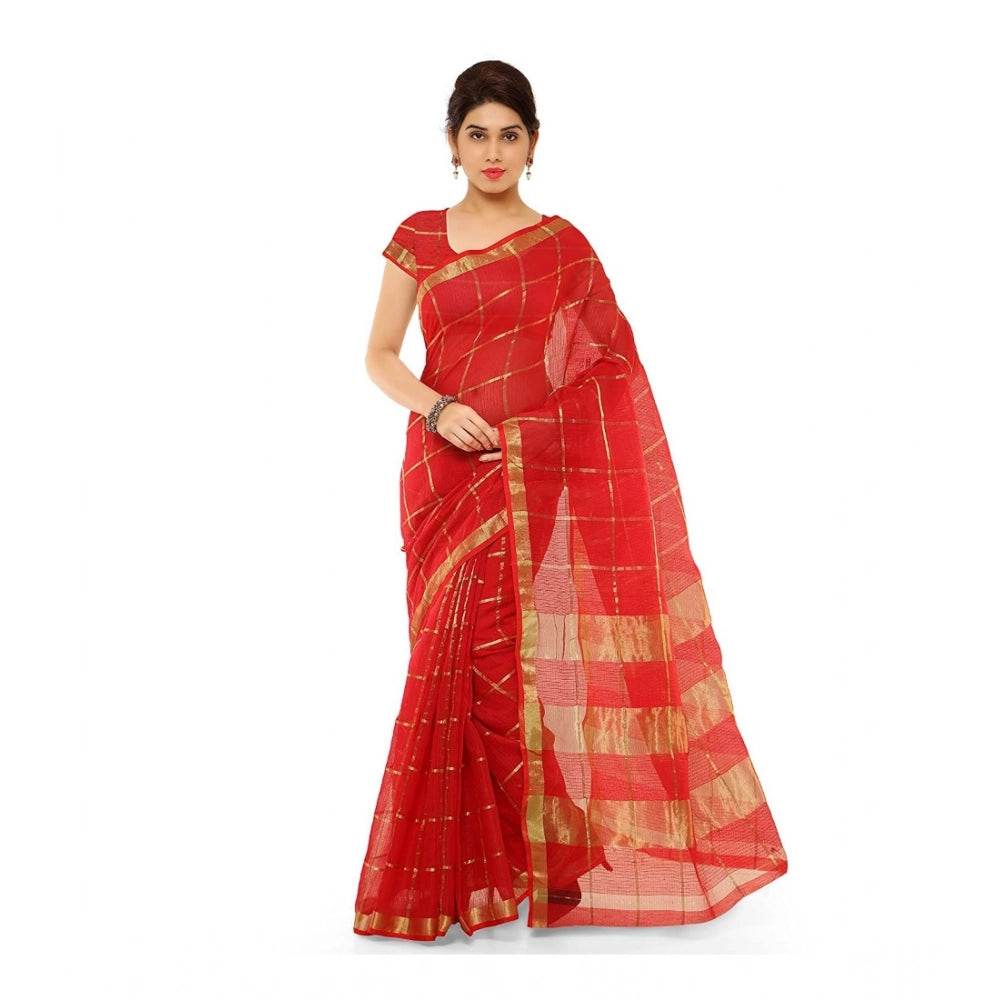 Generic Women's Kota Doria Cotton Saree With Blouse (Red,6-3 Mtrs) - MYLUXURY LANE ENTERPRISE