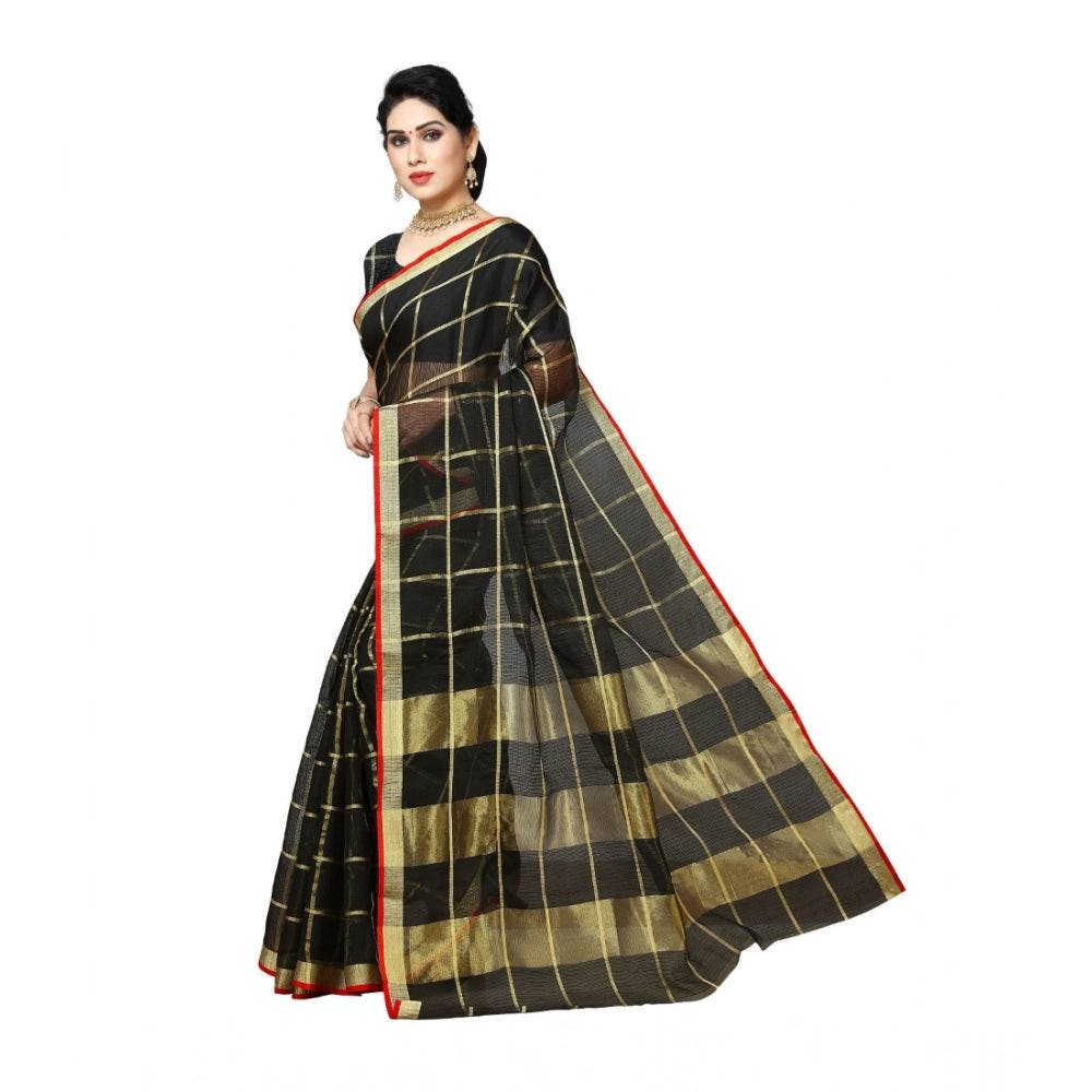 Generic Women's Kota Doria Cotton Saree With Blouse (Black,6-3 Mtrs) - MYLUXURY LANE ENTERPRISE