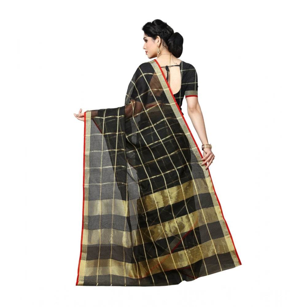 Generic Women's Kota Doria Cotton Saree With Blouse (Black,6-3 Mtrs) - MYLUXURY LANE ENTERPRISE
