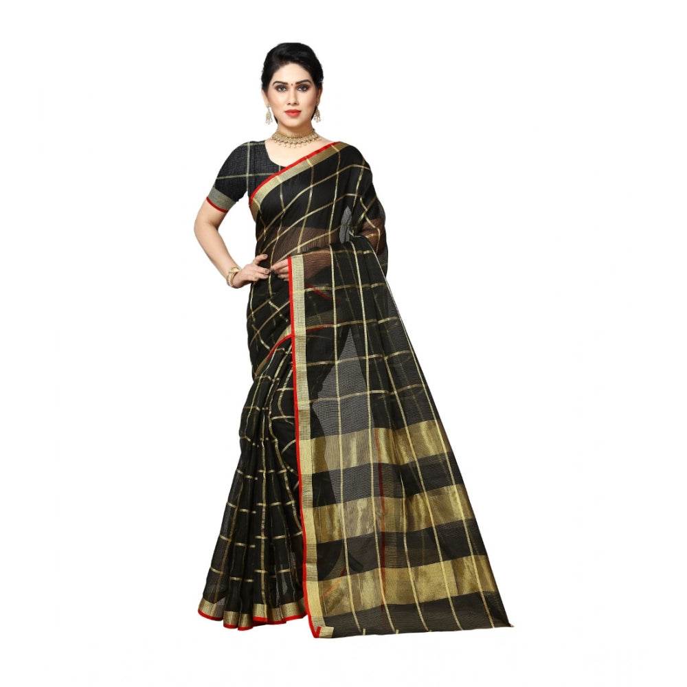 Generic Women's Kota Doria Cotton Saree With Blouse (Black,6-3 Mtrs) - MYLUXURY LANE ENTERPRISE