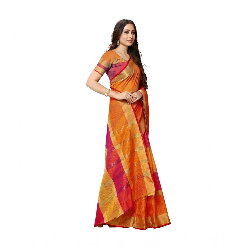 Generic Women's Kota Doria Cotton Saree With Blouse (Orange,6-3 Mtrs) - MYLUXURY LANE ENTERPRISE