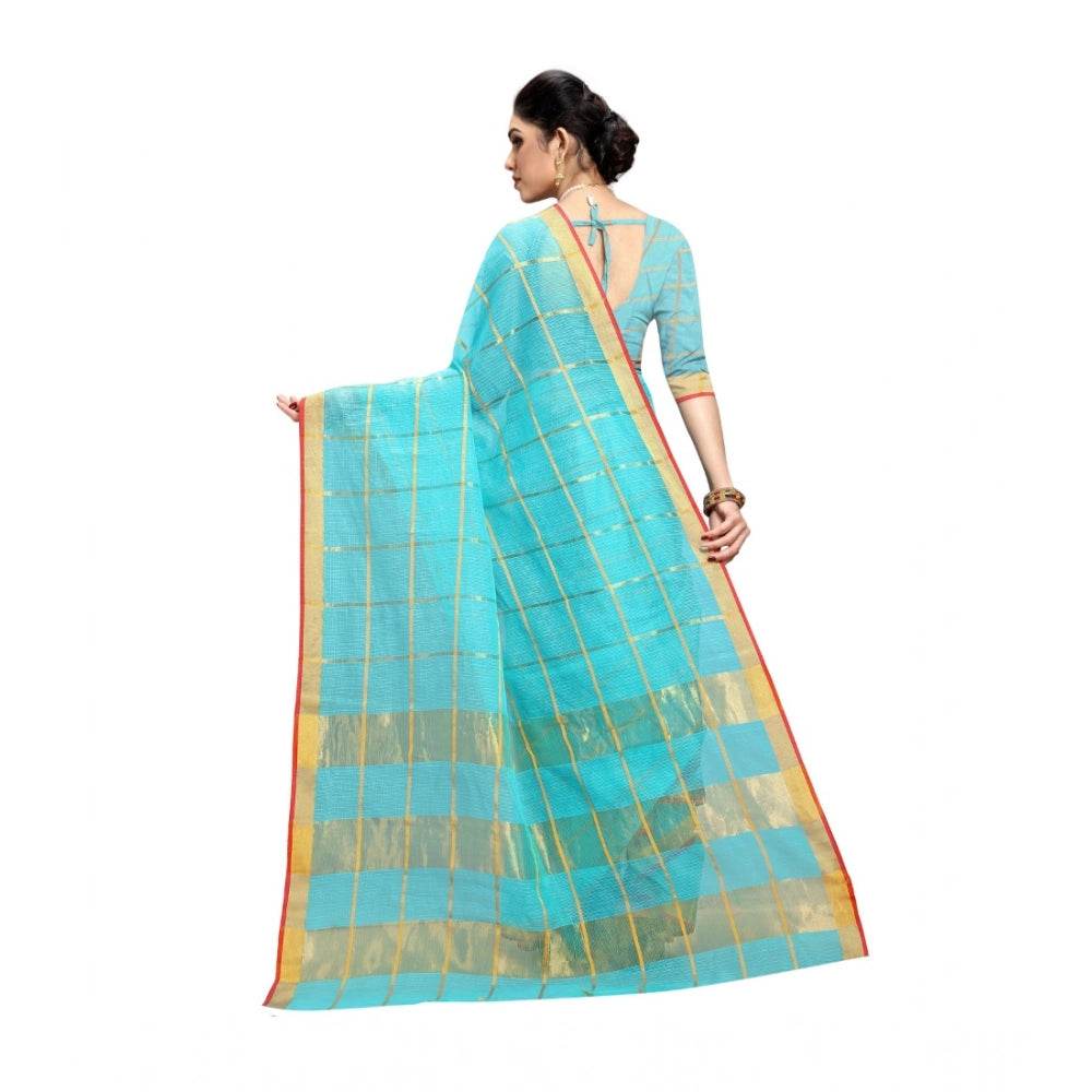 Generic Women's Kota Doria Cotton Saree With Blouse (Sky Blue,6-3 Mtrs) - MYLUXURY LANE ENTERPRISE