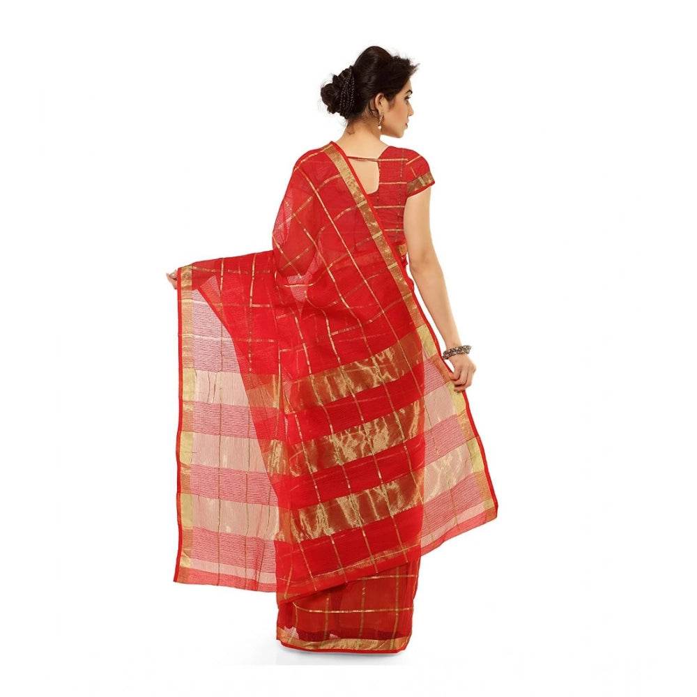 Generic Women's Kota Doria Cotton Saree With Blouse (Red,6-3 Mtrs) - MYLUXURY LANE ENTERPRISE