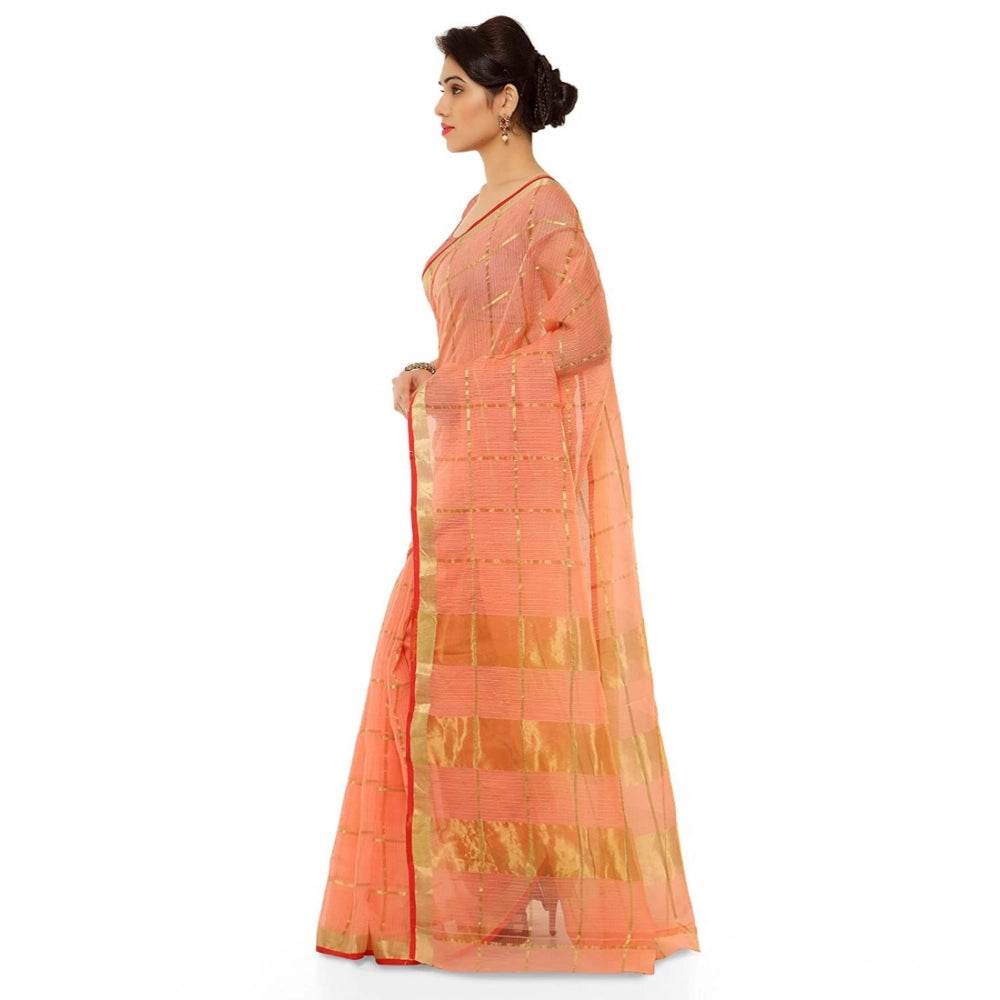 Generic Women's Kota Doria Cotton Saree With Blouse (Peach,6-3 Mtrs) - MYLUXURY LANE ENTERPRISE