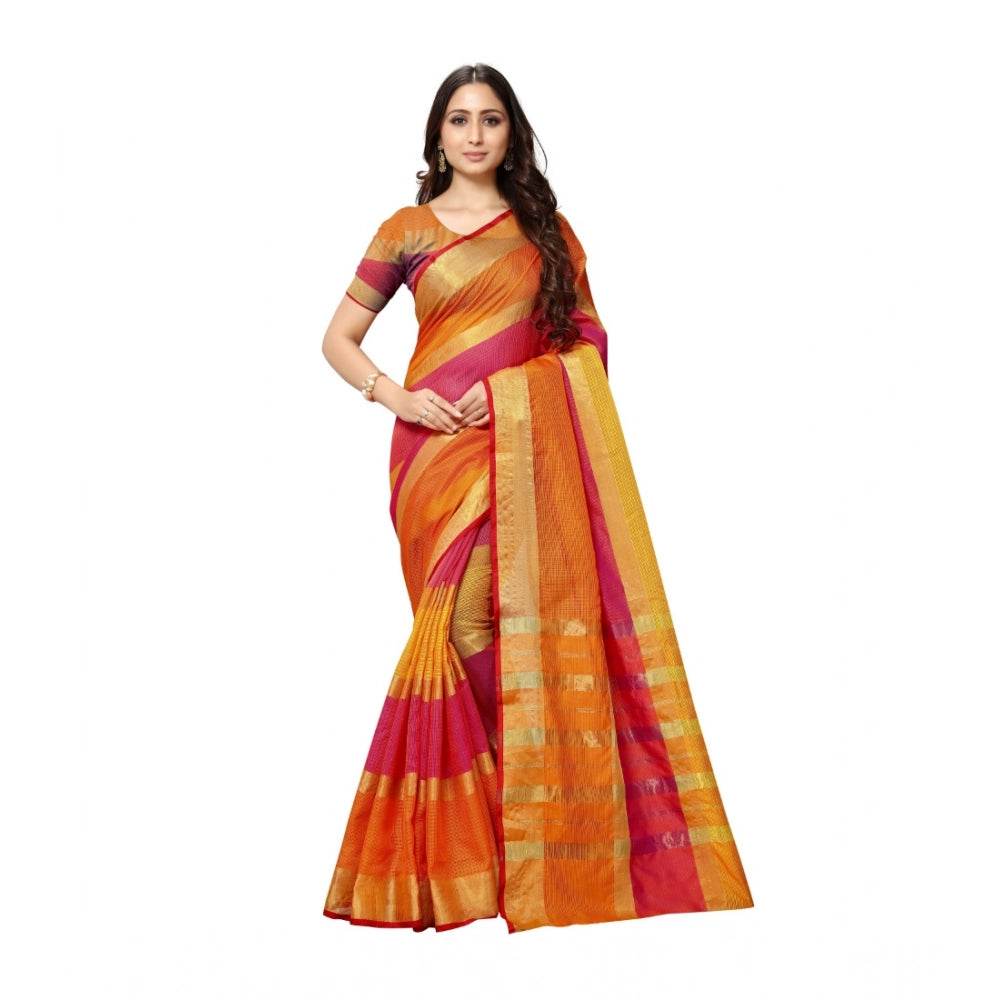 Generic Women's Kota Doria Cotton Saree With Blouse (Orange,6-3 Mtrs) - MYLUXURY LANE ENTERPRISE