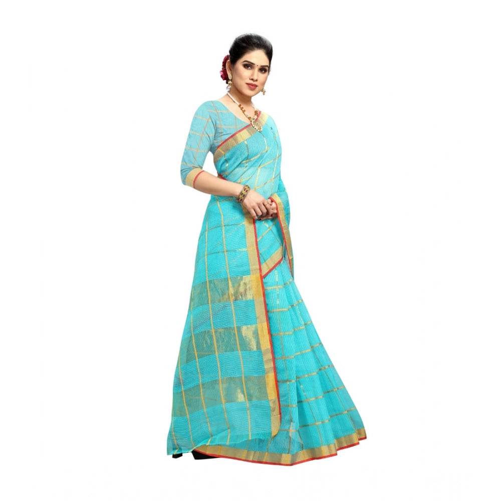 Generic Women's Kota Doria Cotton Saree With Blouse (Sky Blue,6-3 Mtrs) - MYLUXURY LANE ENTERPRISE