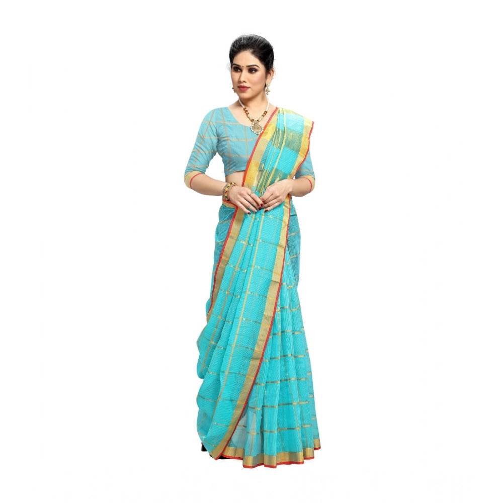 Generic Women's Kota Doria Cotton Saree With Blouse (Sky Blue,6-3 Mtrs) - MYLUXURY LANE ENTERPRISE