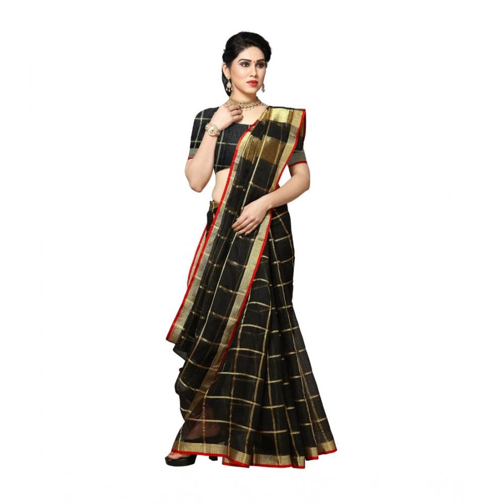 Generic Women's Kota Doria Cotton Saree With Blouse (Black,6-3 Mtrs) - MYLUXURY LANE ENTERPRISE