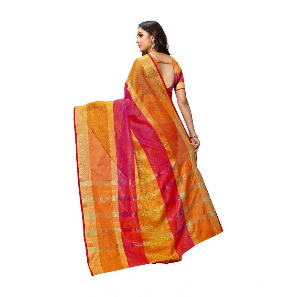 Generic Women's Kota Doria Cotton Saree With Blouse (Orange,6-3 Mtrs) - MYLUXURY LANE ENTERPRISE