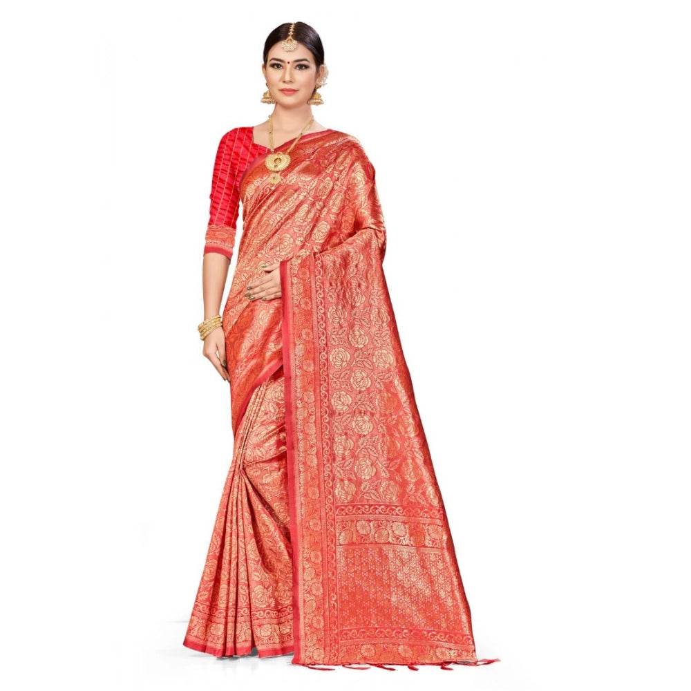 Generic Women's Banarasi Silk Saree (Peach,5-6 Mtrs) - MYLUXURY LANE ENTERPRISE
