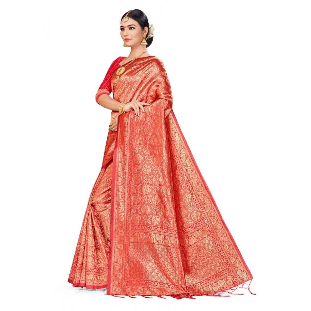 Generic Women's Banarasi Silk Saree (Peach,5-6 Mtrs) - MYLUXURY LANE ENTERPRISE