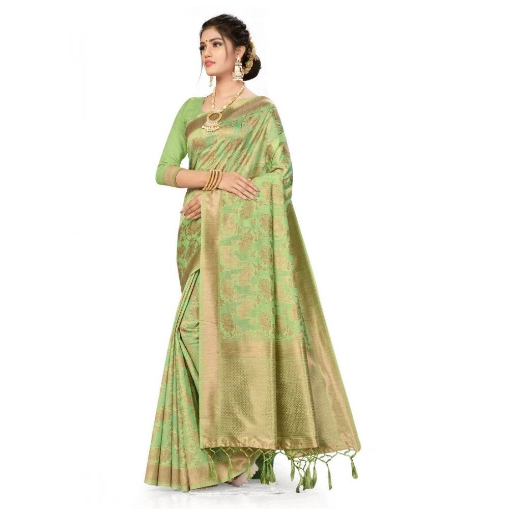 Generic Women's Banarasi (Spun Cotton) Saree (Pista Green,5-6 Mtrs) - MYLUXURY LANE ENTERPRISE