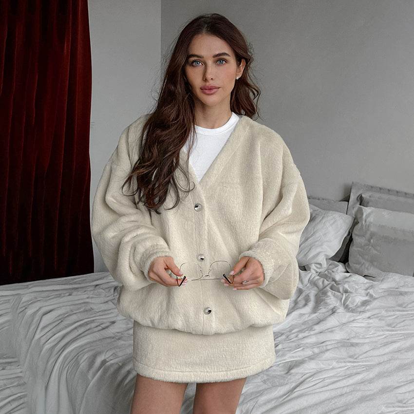 Polar Fleece Cardigan Short Skirt Two-piece Fashion Khaki Warm Lamb Wool Women's Clothing - MYLUXURY LANE ENTERPRISE