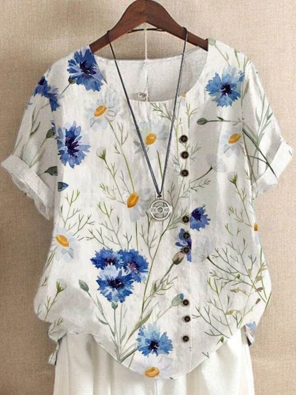 Retro Cotton And Linen Printed Loose Casual Shirt Short-sleeved T-shirt For Women - MYLUXURY LANE ENTERPRISE
