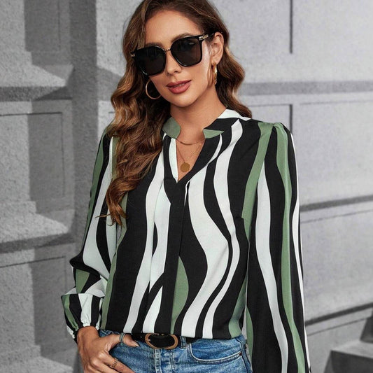 European And American V-neck Color-block Long-sleeved Casual Women's Top - MYLUXURY LANE ENTERPRISE