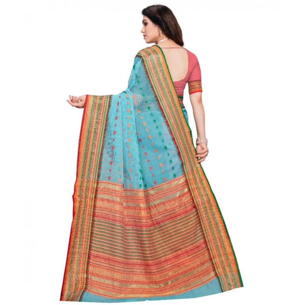 Generic Women's Kota Doria Cotton Woven Butta Saree With Blouse (Sky Blue, 5-6 Mtrs) - MYLUXURY LANE ENTERPRISE