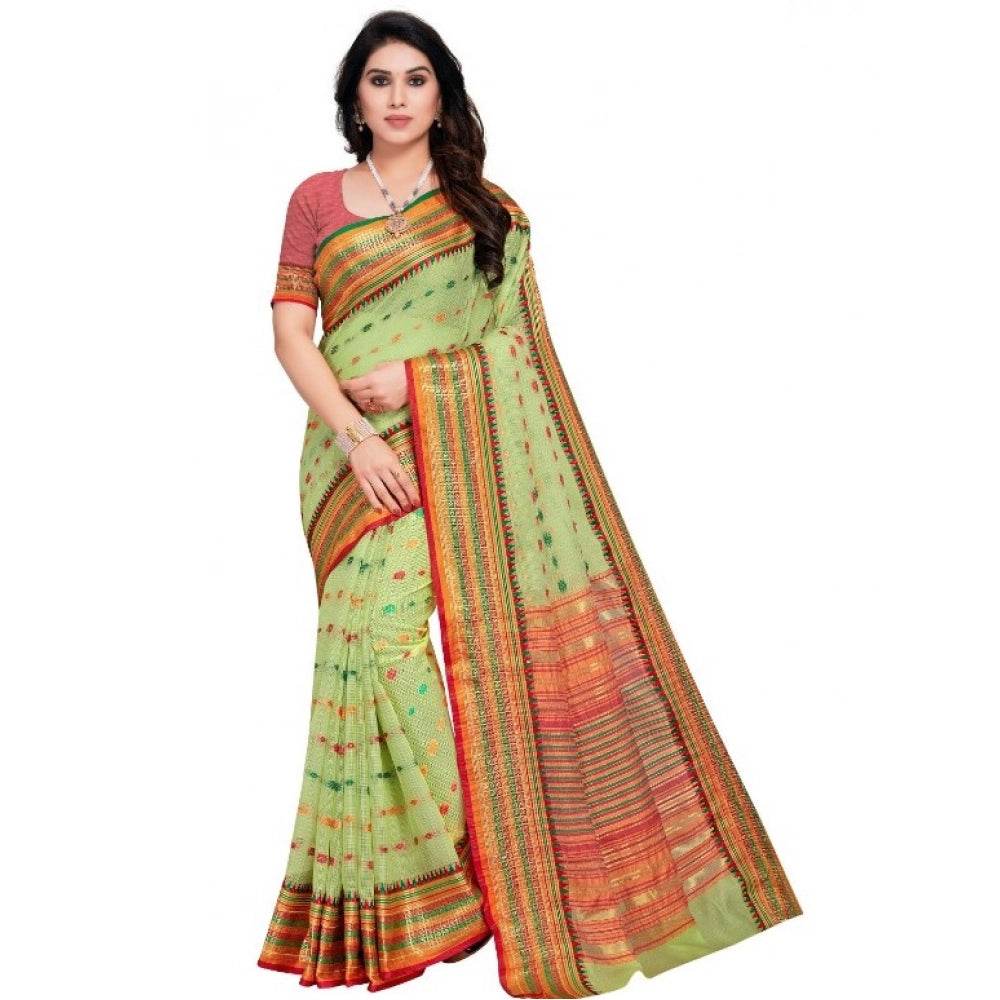 Generic Women's Kota Doria Cotton Woven Butta Saree With Blouse (Light Green, 5-6 Mtrs) - MYLUXURY LANE ENTERPRISE