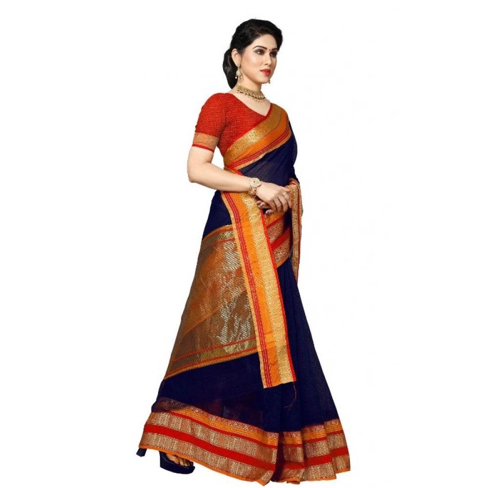 Generic Women's Kota Doria Cotton Border Saree With Blouse (Navy Blue, 5-6 Mtrs) - MYLUXURY LANE ENTERPRISE