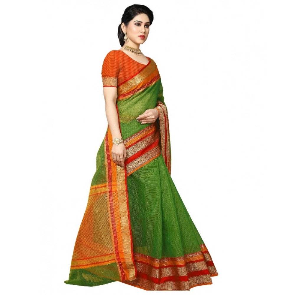 Generic Women's Kota Doria Cotton Border Saree With Blouse (Green, 5-6 Mtrs) - MYLUXURY LANE ENTERPRISE