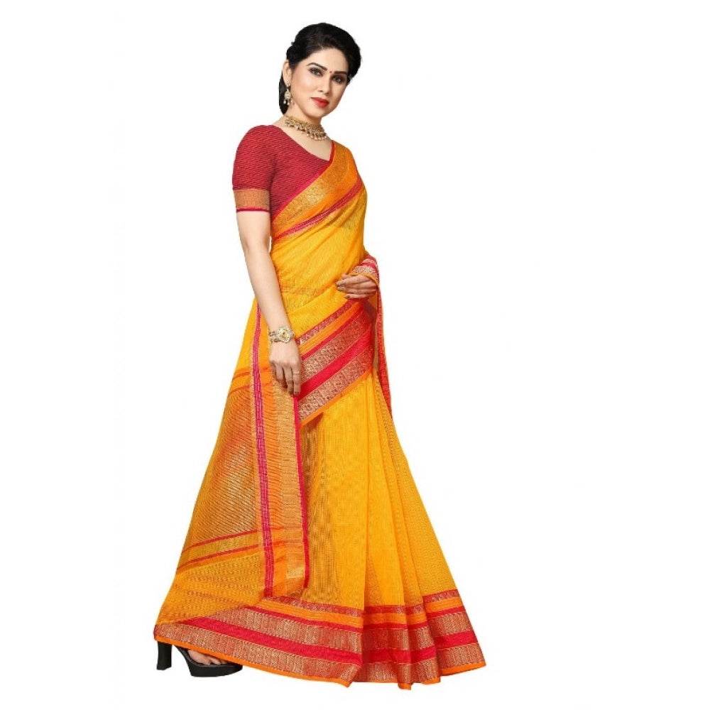 Generic Women's Kota Doria Cotton Border Saree With Blouse (Gold, 5-6 Mtrs) - MYLUXURY LANE ENTERPRISE