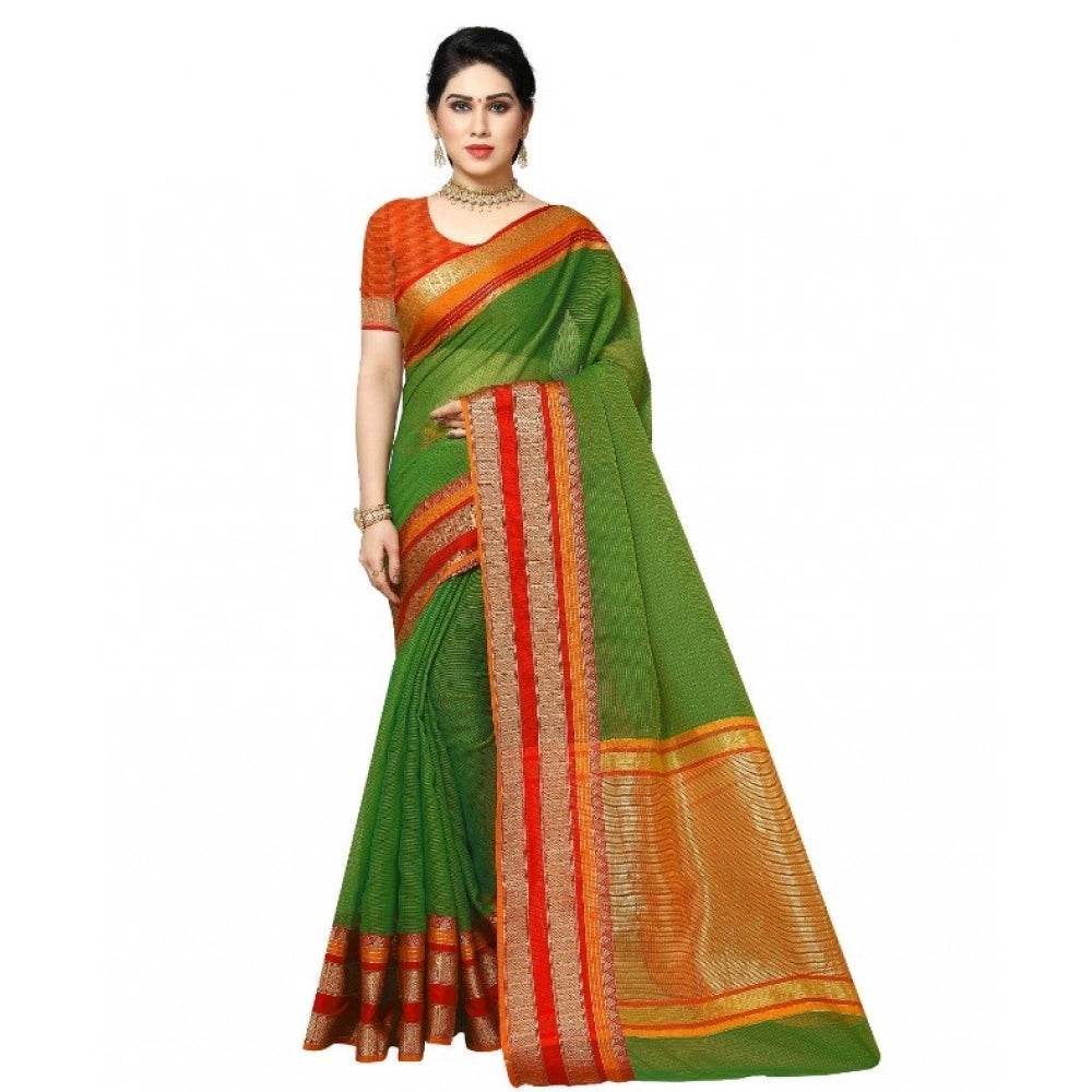 Generic Women's Kota Doria Cotton Border Saree With Blouse (Green, 5-6 Mtrs) - MYLUXURY LANE ENTERPRISE