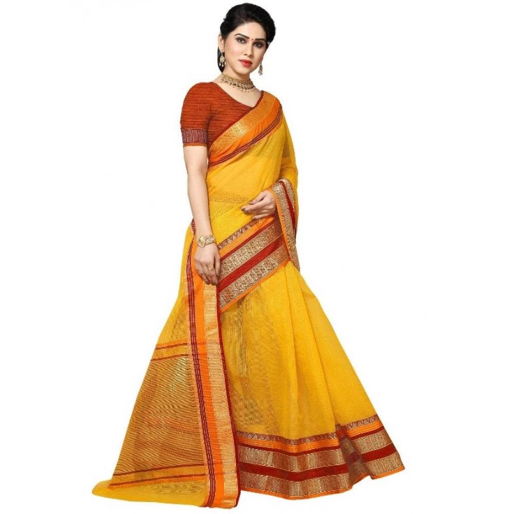 Generic Women's Kota Doria Cotton Border Saree With Blouse (Yellow, 5-6 Mtrs) - MYLUXURY LANE ENTERPRISE
