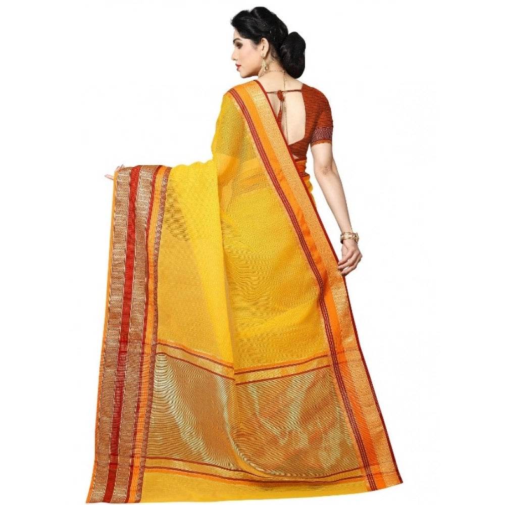 Generic Women's Kota Doria Cotton Border Saree With Blouse (Yellow, 5-6 Mtrs) - MYLUXURY LANE ENTERPRISE