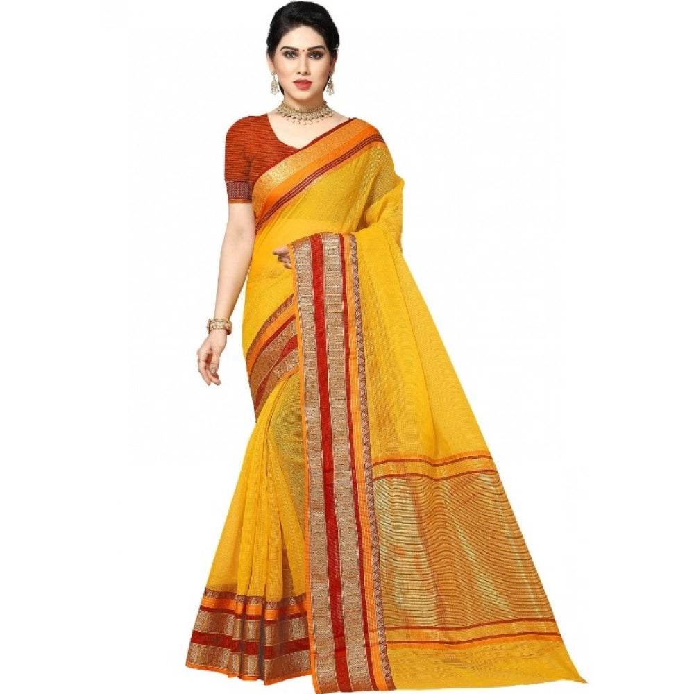 Generic Women's Kota Doria Cotton Border Saree With Blouse (Yellow, 5-6 Mtrs) - MYLUXURY LANE ENTERPRISE