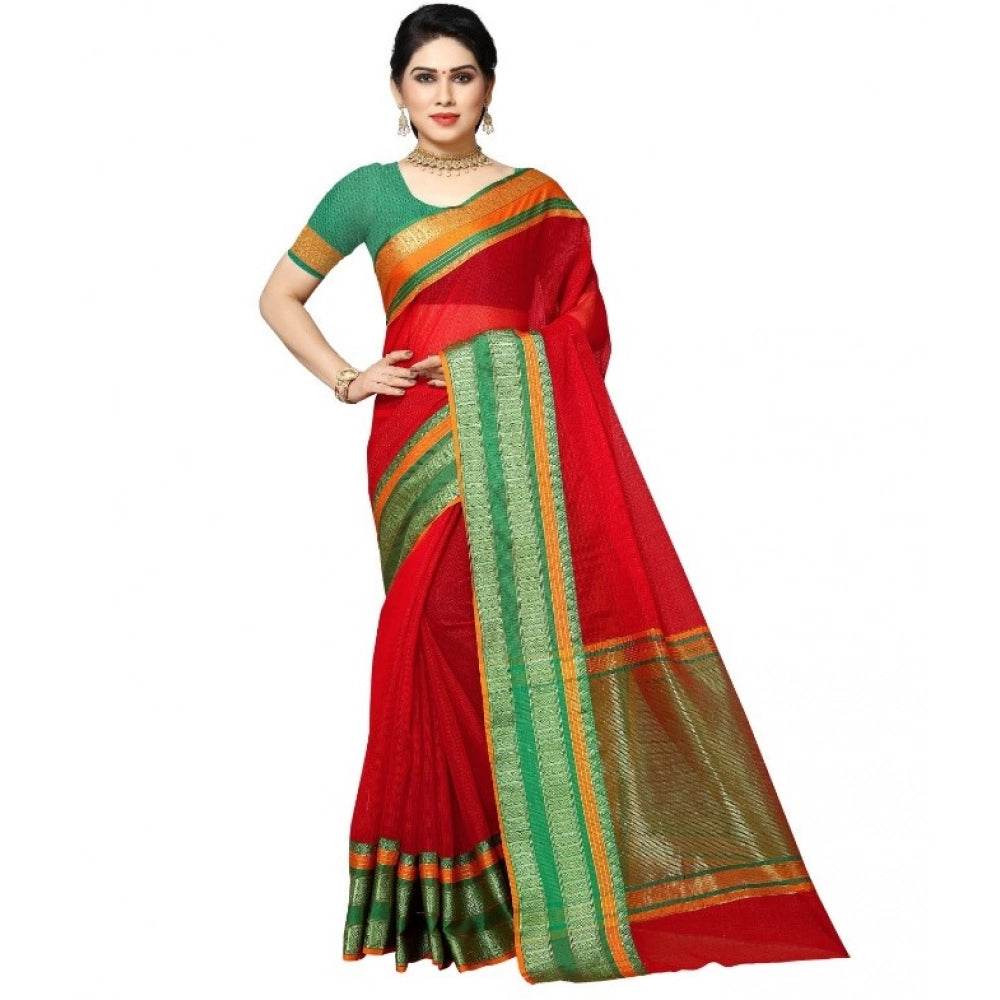 Generic Women's Kota Doria Cotton Border Saree With Blouse (Red, 5-6 Mtrs) - MYLUXURY LANE ENTERPRISE