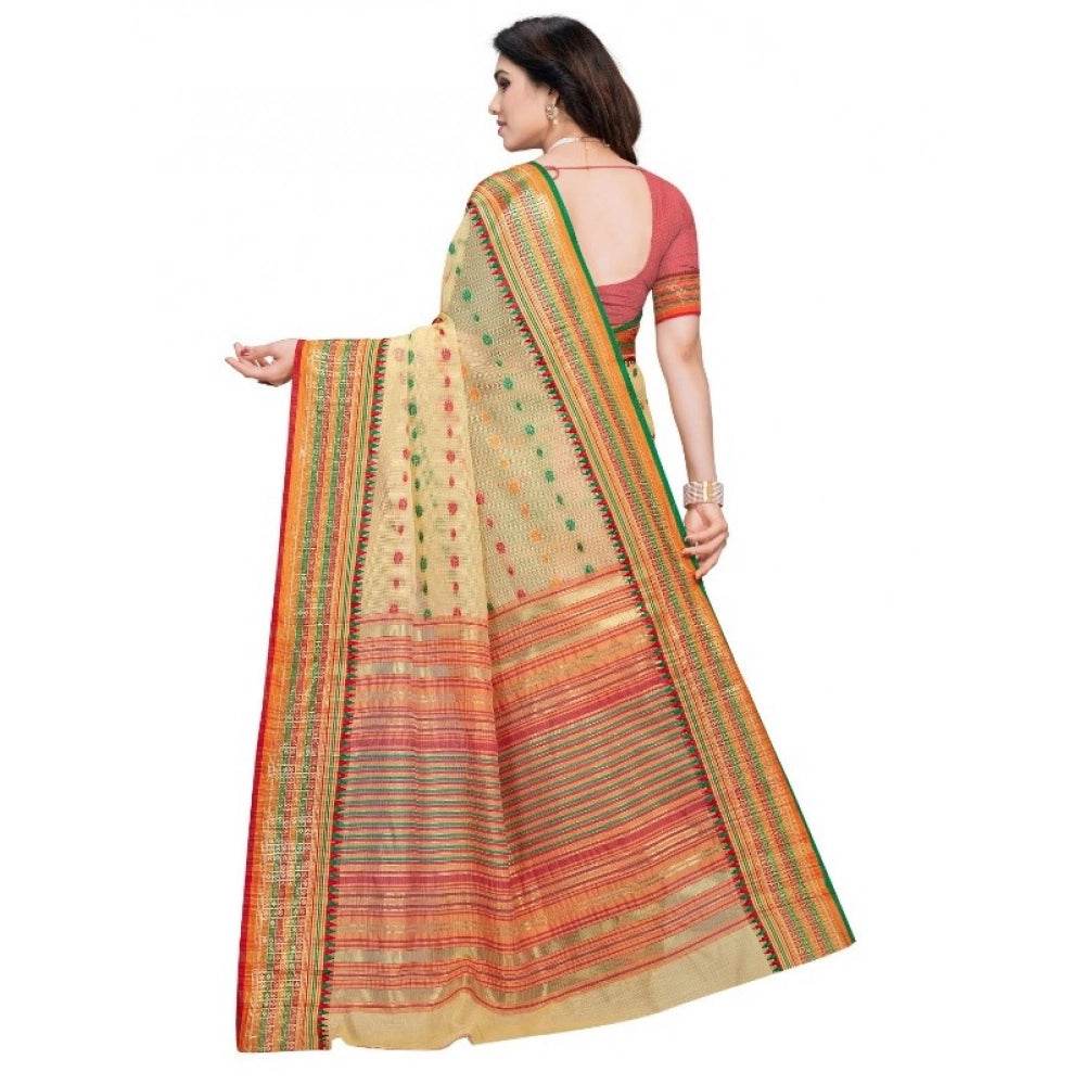 Generic Women's Kota Doria Cotton Woven Butta Saree With Blouse (Beige, 5-6 Mtrs) - MYLUXURY LANE ENTERPRISE