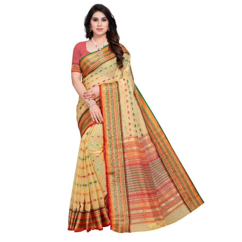 Generic Women's Kota Doria Cotton Woven Butta Saree With Blouse (Beige, 5-6 Mtrs) - MYLUXURY LANE ENTERPRISE