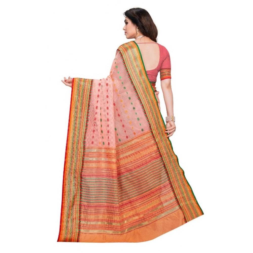 Generic Women's Kota Doria Cotton Woven Butta Saree With Blouse (Peach, 5-6 Mtrs) - MYLUXURY LANE ENTERPRISE