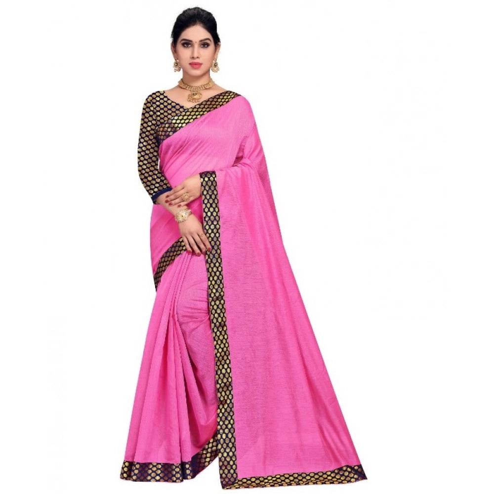 Generic Women's Chanderi Cotton Lace Border Saree With Blouse (Pink, 5-6 Mtrs) - MYLUXURY LANE ENTERPRISE