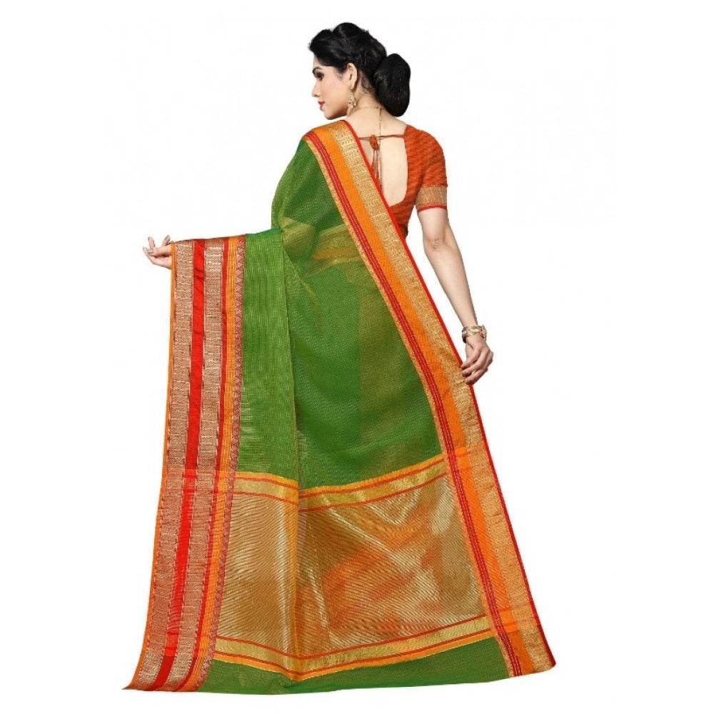 Generic Women's Kota Doria Cotton Border Saree With Blouse (Green, 5-6 Mtrs) - MYLUXURY LANE ENTERPRISE