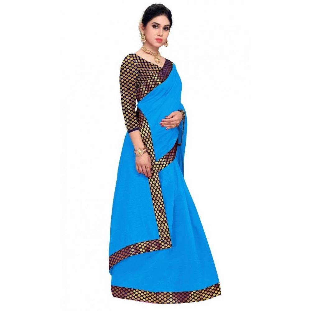 Generic Women's Chanderi Cotton Lace Border Saree With Blouse (Sky Blue, 5-6 Mtrs) - MYLUXURY LANE ENTERPRISE