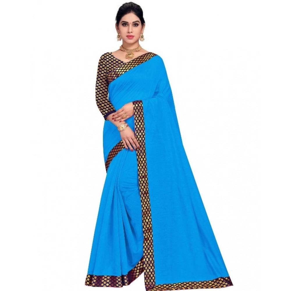 Generic Women's Chanderi Cotton Lace Border Saree With Blouse (Sky Blue, 5-6 Mtrs) - MYLUXURY LANE ENTERPRISE