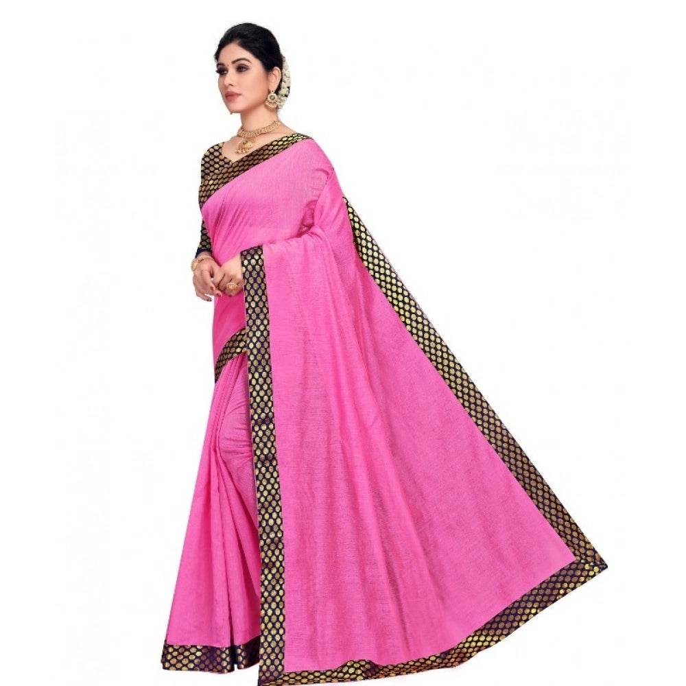 Generic Women's Chanderi Cotton Lace Border Saree With Blouse (Pink, 5-6 Mtrs) - MYLUXURY LANE ENTERPRISE