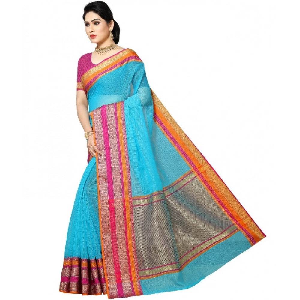 Generic Women's Kota Doria Cotton Border Saree With Blouse (Sky Blue, 5-6 Mtrs) - MYLUXURY LANE ENTERPRISE