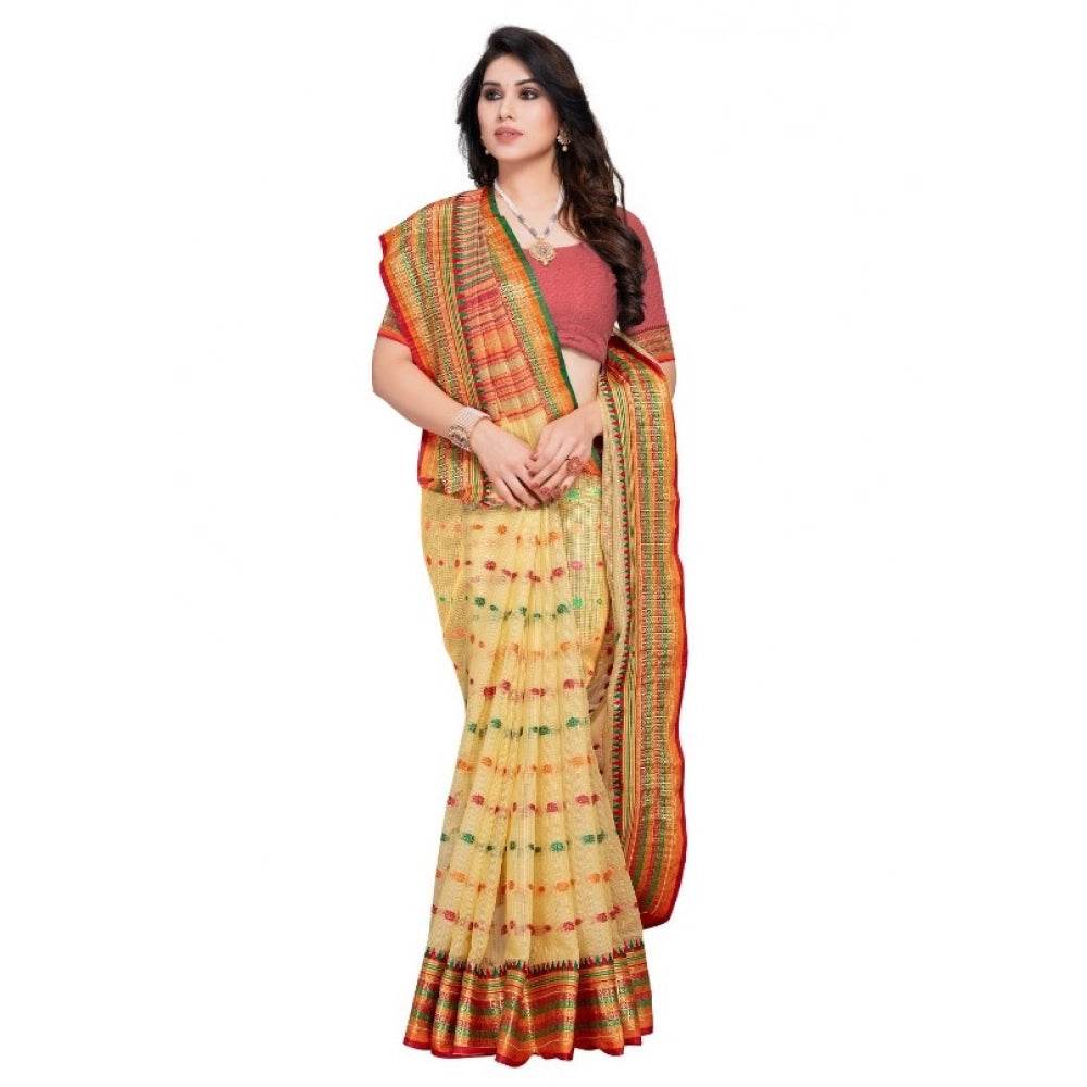 Generic Women's Kota Doria Cotton Woven Butta Saree With Blouse (Beige, 5-6 Mtrs) - MYLUXURY LANE ENTERPRISE