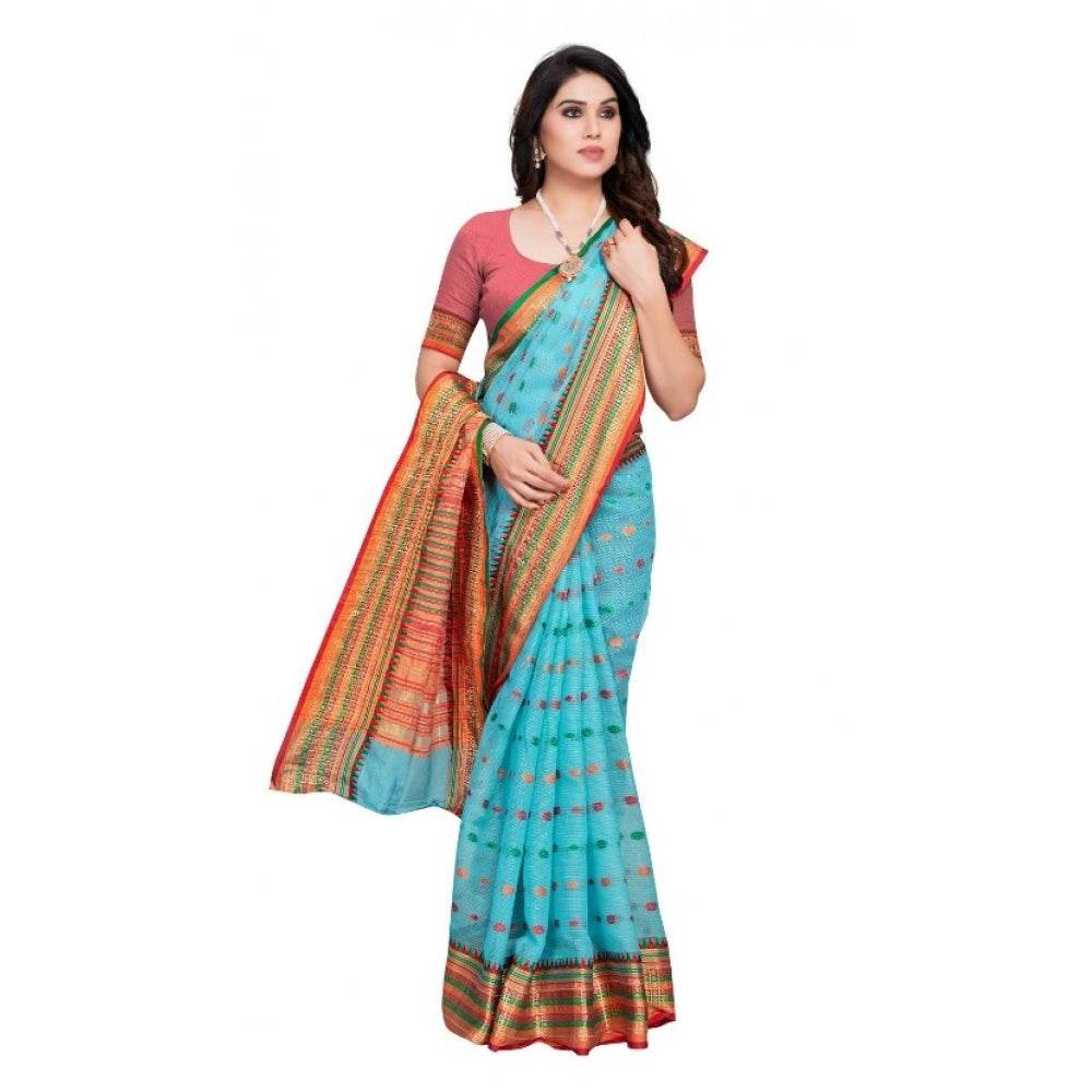 Generic Women's Kota Doria Cotton Woven Butta Saree With Blouse (Sky Blue, 5-6 Mtrs) - MYLUXURY LANE ENTERPRISE
