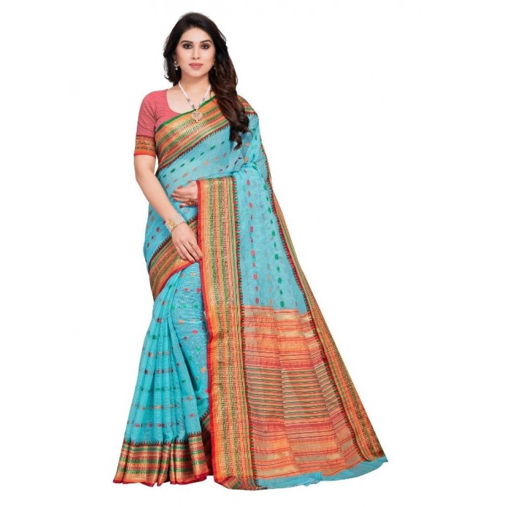 Generic Women's Kota Doria Cotton Woven Butta Saree With Blouse (Sky Blue, 5-6 Mtrs) - MYLUXURY LANE ENTERPRISE