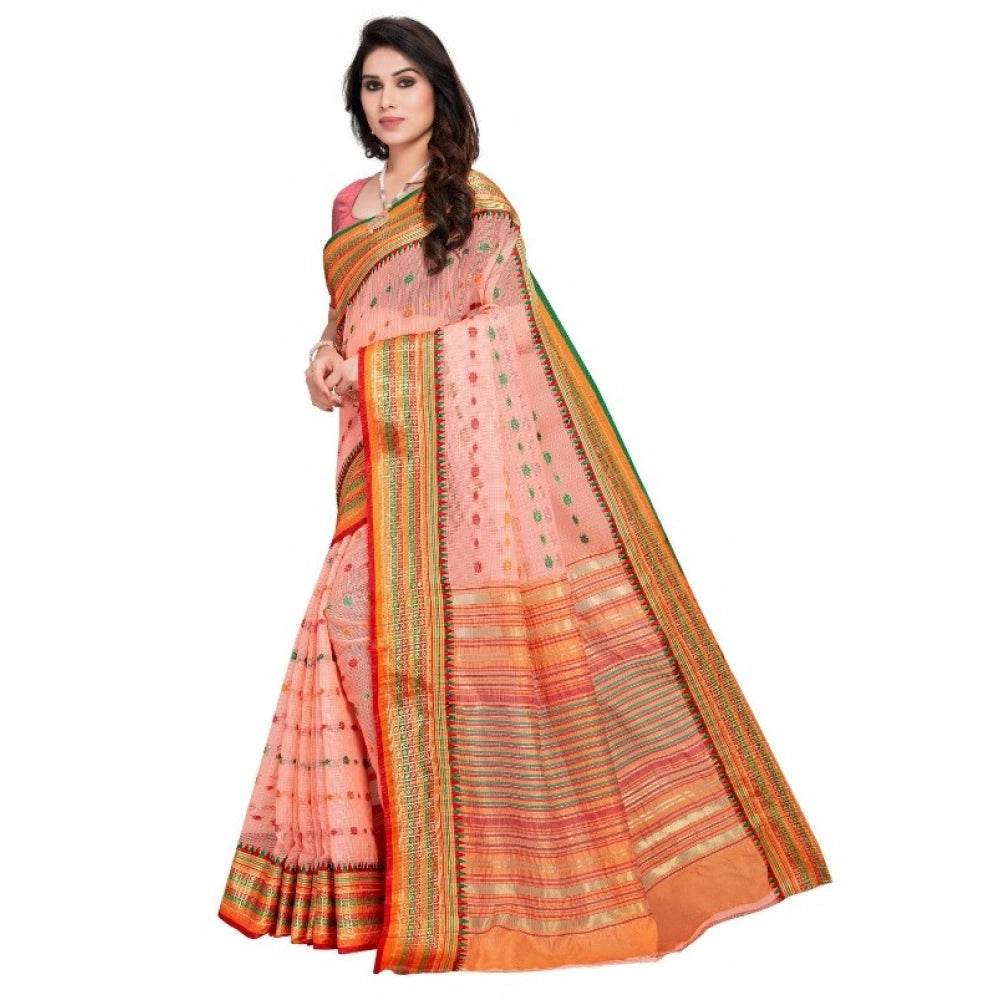 Generic Women's Kota Doria Cotton Woven Butta Saree With Blouse (Peach, 5-6 Mtrs) - MYLUXURY LANE ENTERPRISE
