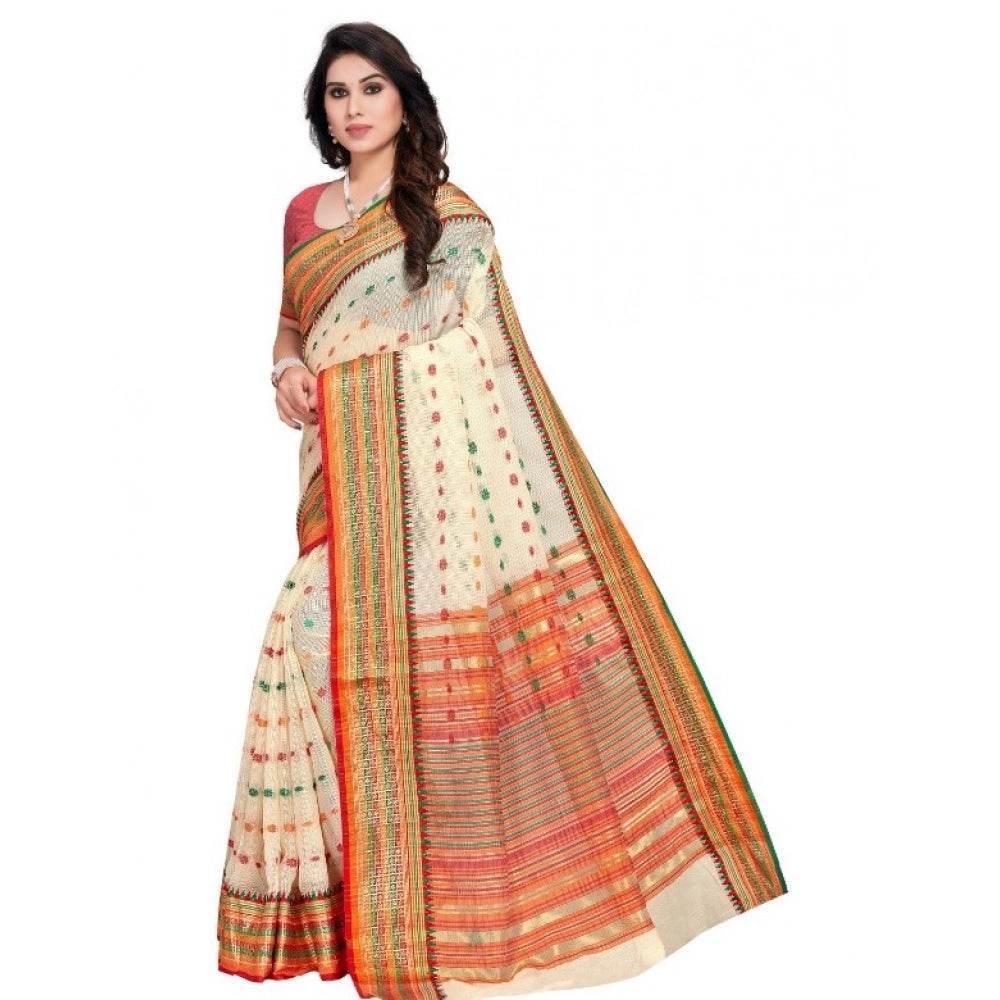 Generic Women's Kota Doria Cotton Woven Butta Saree With Blouse (Cream, 5-6 Mtrs) - MYLUXURY LANE ENTERPRISE