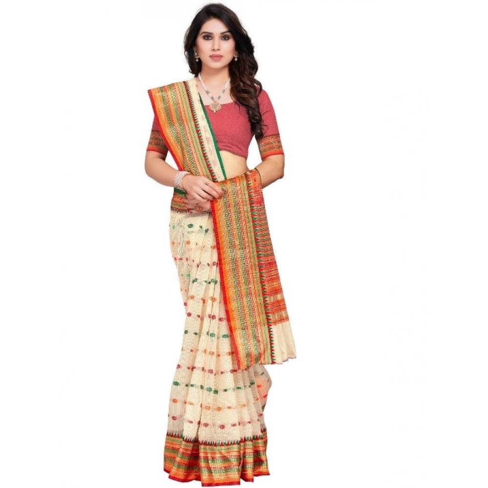 Generic Women's Kota Doria Cotton Woven Butta Saree With Blouse (Cream, 5-6 Mtrs) - MYLUXURY LANE ENTERPRISE