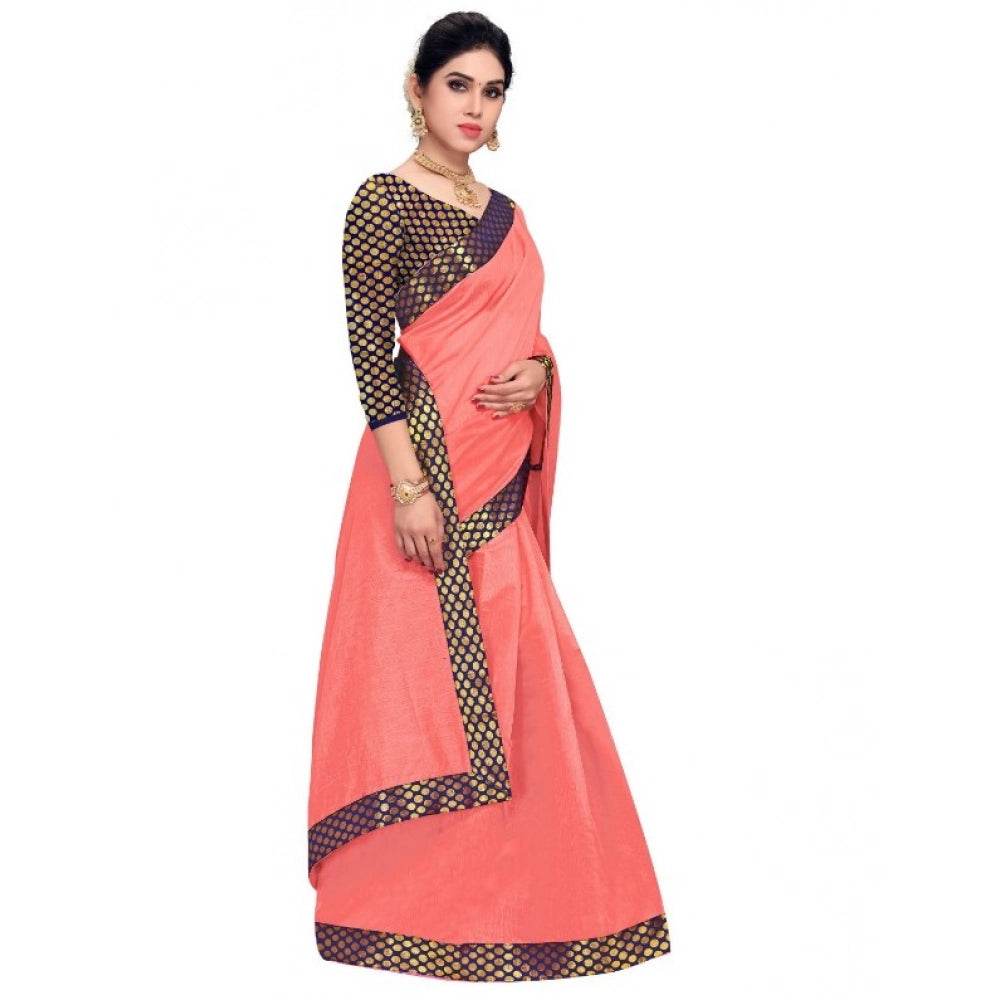 Generic Women's Chanderi Cotton Lace Border Saree With Blouse (Peach, 5-6 Mtrs) - MYLUXURY LANE ENTERPRISE