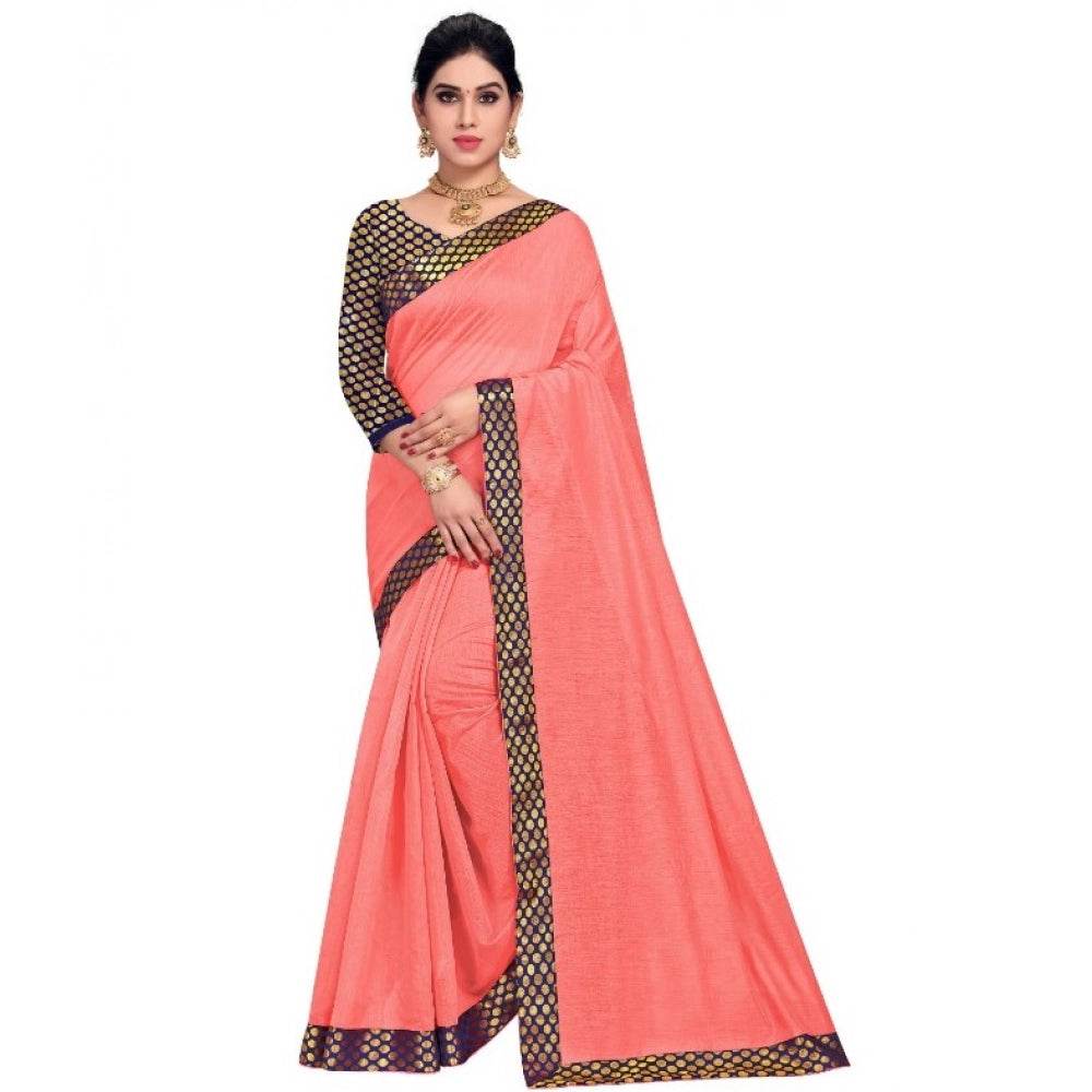 Generic Women's Chanderi Cotton Lace Border Saree With Blouse (Peach, 5-6 Mtrs) - MYLUXURY LANE ENTERPRISE