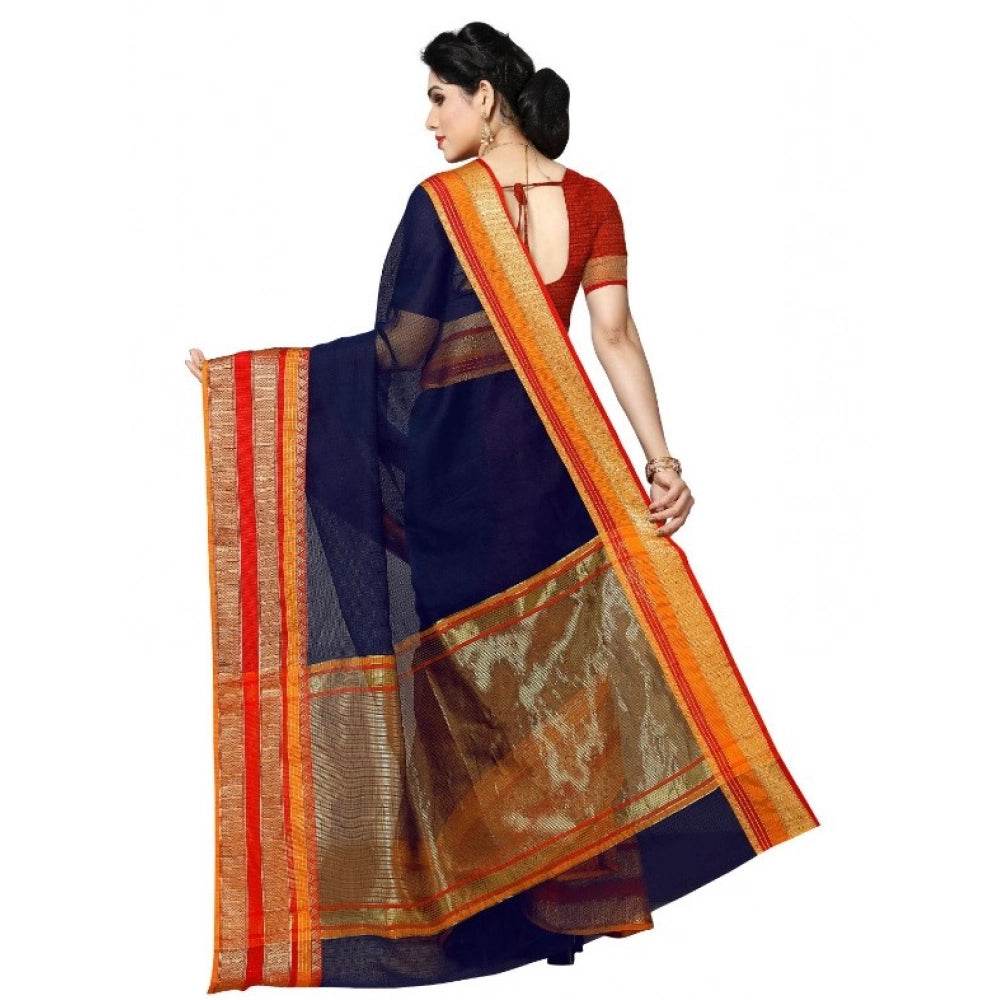 Generic Women's Kota Doria Cotton Border Saree With Blouse (Navy Blue, 5-6 Mtrs) - MYLUXURY LANE ENTERPRISE